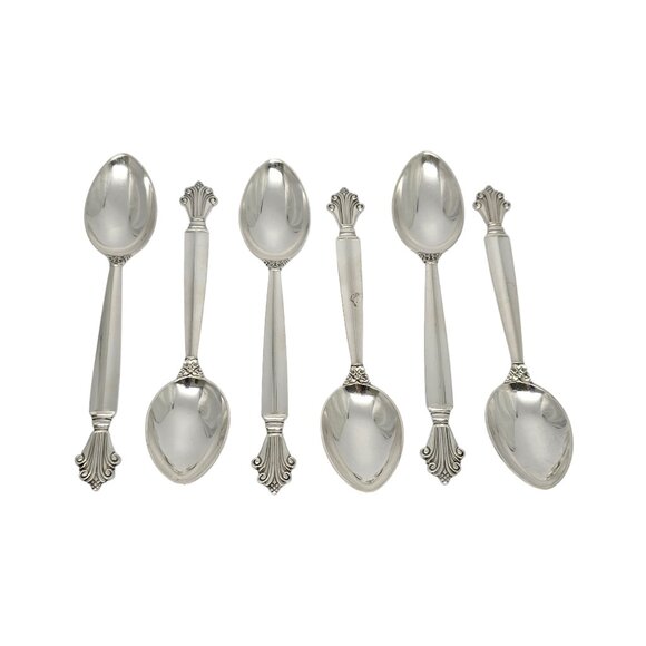 Set of 6 Georg Jensen Denmark Acanthus Sterling Silver Teaspoons 5 3/4" # 19724 - Picture 1 of 10